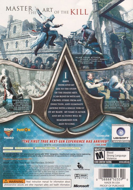 Assassin's Creed | Xbox 360 | back cover | region=North America | source-country=United States | zypher-v2 | moby-cc889a5d5252 | Data by MobyGames.com