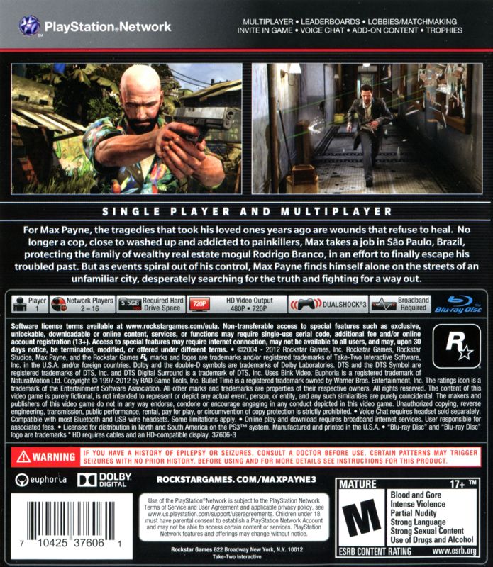 Max Payne 3 | PlayStation 3 | back cover | Region: North America | source-country=United States | Data by MobyGames.com