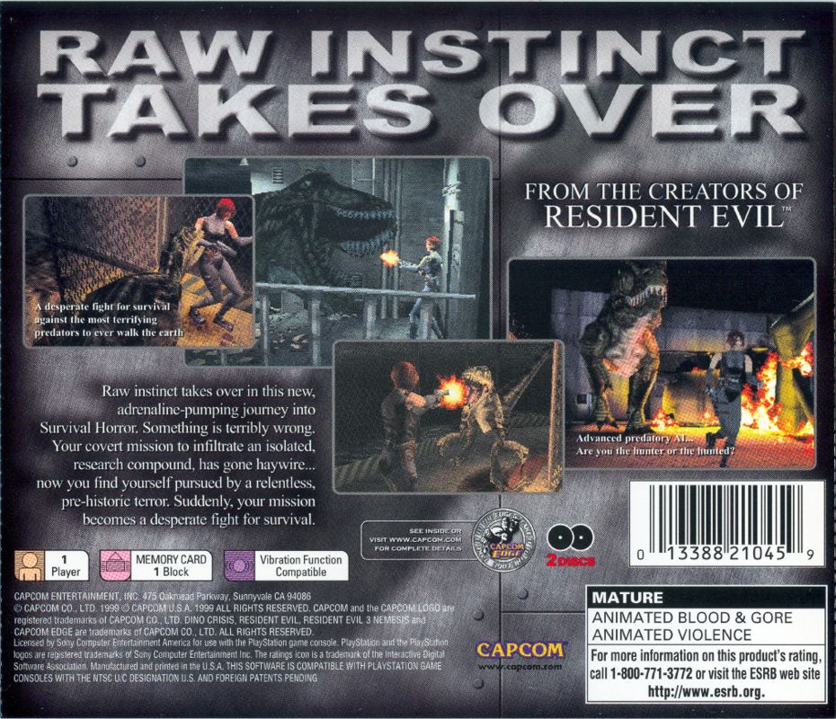 Dino Crisis | PlayStation | back cover | region=North America | source-country=United States | zypher-v2 | moby-e8f02ae978fa | Data by MobyGames.com