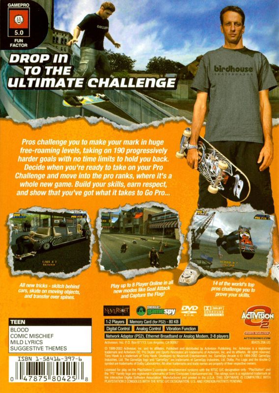 Tony Hawk's Pro Skater 4 | PlayStation 2 | back cover | region=North America | source-country=Canada,United States | zypher-v2 | moby-c33c7a535d5d | Data by MobyGames.com