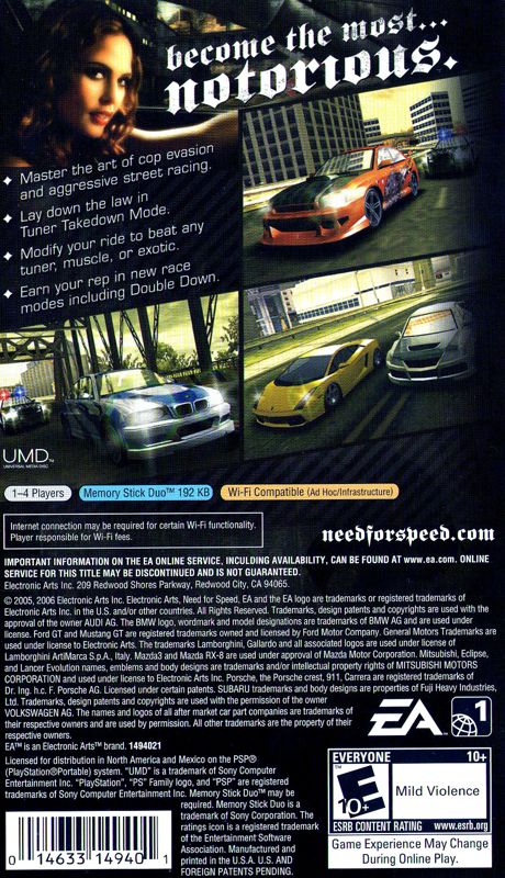 Need for Speed: Most Wanted 5-1-0 | PSP | back cover | region=North America | source-country=United States | zypher-v2 | moby-97087f7c5edb | Data by MobyGames.com