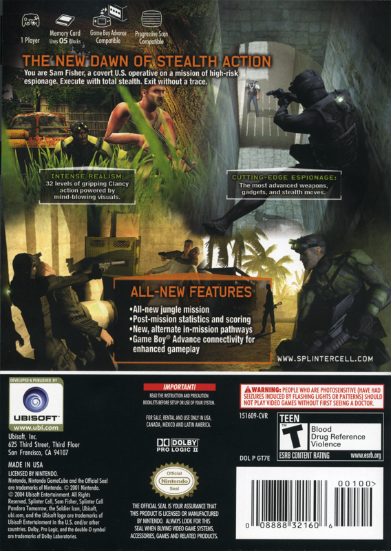 
Tom Clancy's Splinter Cell: Pandora Tomorrow | GameCube | back cover | Data by MobyGames.com