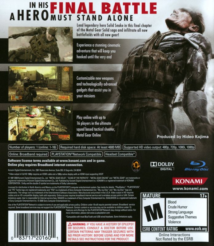 Metal Gear Solid 4: Guns of the Patriots | PlayStation 3 | back cover | Data by MobyGames.com