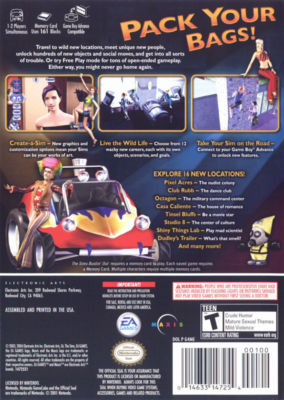 The Sims: Bustin' Out | GameCube | back cover | region=North America | source-country=Canada,Mexico,Other,United States | zypher-v2 | moby-cfaab27be95e | Data by MobyGames.com