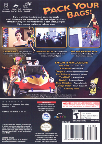 The Sims: Bustin' Out | GameCube | back cover | region=North America | source-country=Canada,Mexico,Other,United States | zypher-v2 | moby-cfaab27be95e | Data by MobyGames.com