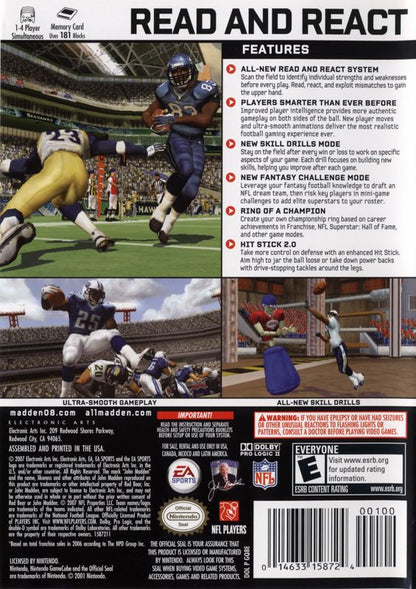 
Madden NFL 08 | GameCube | back cover | Data by MobyGames.com