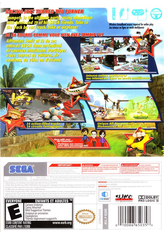 Sonic & SEGA All-Stars Racing | Wii | back cover | region=North America | source-country=Canada,United States | zypher-v2 | moby-3c3343ea35fe | Data by MobyGames.com