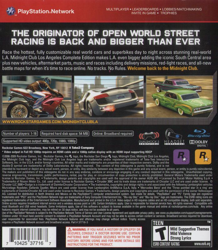 
Midnight Club: Los Angeles - Complete Edition | PlayStation 3 | back cover | Data by MobyGames.com