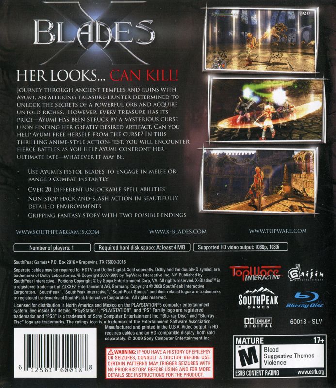 
X-Blades | PlayStation 3 | back cover | Region: North America | source-country=Canada,United States | Data by MobyGames.com
