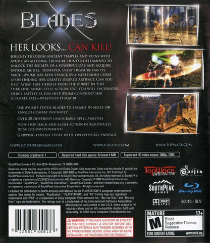 
X-Blades | PlayStation 3 | back cover | Region: North America | source-country=Canada,United States | Data by MobyGames.com