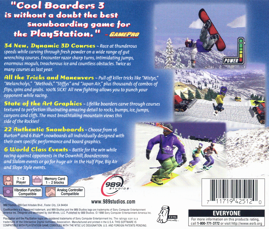 
Cool Boarders 3 | PlayStation | back cover | Region: North America | source-country=Canada,United States | Data by MobyGames.com