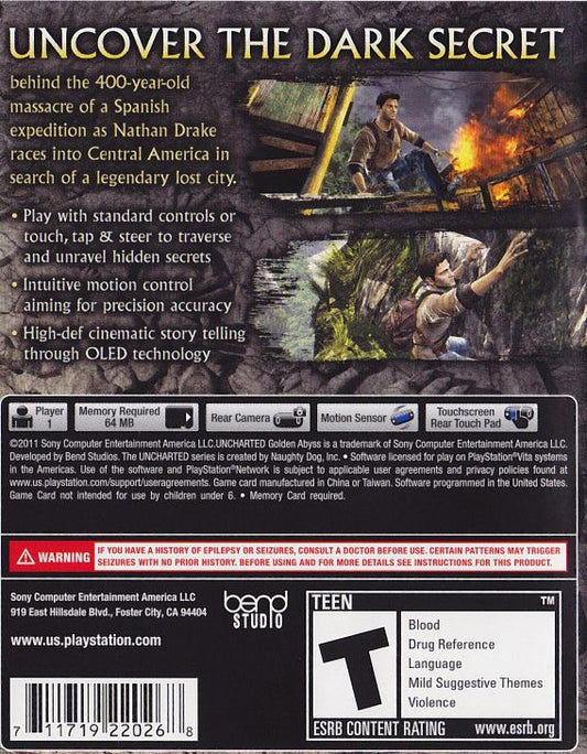 
Uncharted: Golden Abyss | PS Vita | back cover | Data by MobyGames.com