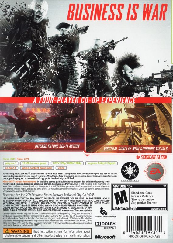 
Syndicate | Xbox 360 | back cover | Region: North America | source-country=United States | Data by MobyGames.com