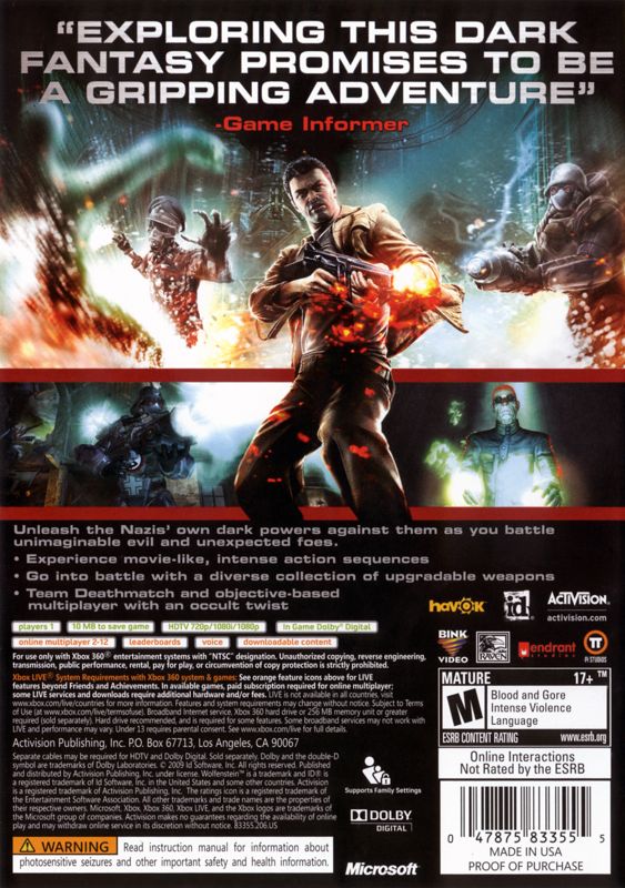 
Wolfenstein | Xbox 360 | back cover | Data by MobyGames.com