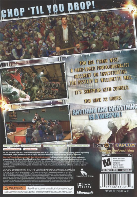 
Dead Rising | Xbox 360 | back cover | Region: North America | source-country=United States | Data by MobyGames.com