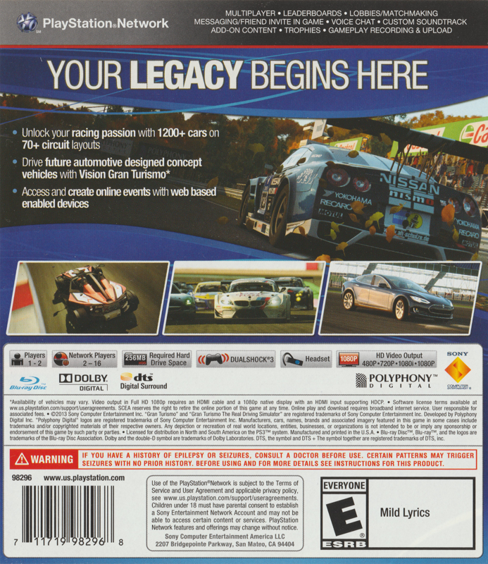 
Gran Turismo 6 - Anniversary Edition | PlayStation 3 | back cover | Data by MobyGames.com