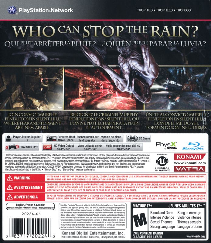 
Silent Hill: Downpour | PlayStation 3 | back cover | Region: North America | source-country=Canada,Mexico,United States | Data by MobyGames.com