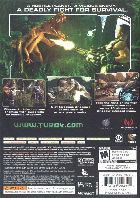 
Turok | Xbox 360 | back cover | Region: North America | source-country=United States | Data by MobyGames.com