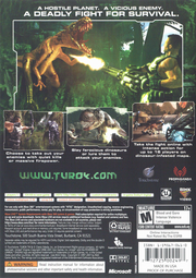 
Turok | Xbox 360 | back cover | Region: North America | source-country=United States | Data by MobyGames.com