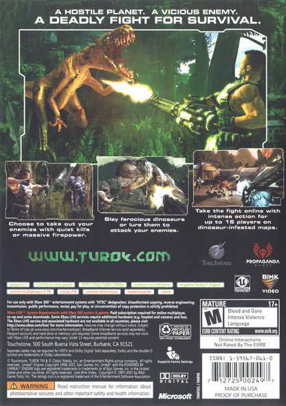 
Turok | Xbox 360 | back cover | Region: North America | source-country=United States | Data by MobyGames.com