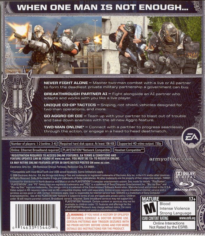 Army of Two | PlayStation 3 | back cover | region=North America | source-country=United States | zypher-v2 | moby-ad93bc7d0698 | Data by MobyGames.com