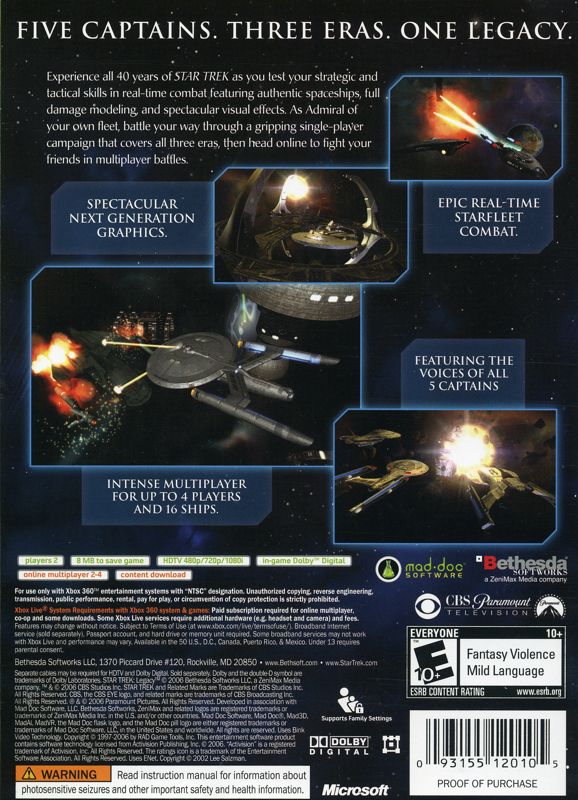 Star Trek: Legacy | Xbox 360 | back cover | region=North America | source-country=United States | zypher-v2 | moby-5e2ae3cbf8c2 | Data by MobyGames.com