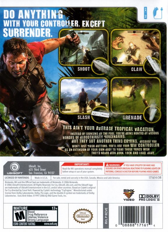 Far Cry: Vengeance | Wii | back cover | region=North America | source-country=Canada,Mexico,Other,United States | zypher-v2 | moby-06df075a65c8 | Data by MobyGames.com