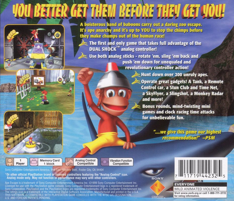 Ape Escape | PlayStation | back cover | Region: North America | source-country=United States | Data by MobyGames.com