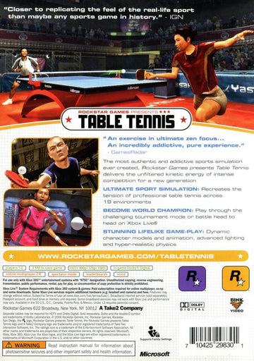 Rockstar Games Presents: Table Tennis | Xbox 360 | back cover | region=North America | source-country=United States | zypher-v2 | moby-ffc9863567cc | Data by MobyGames.com