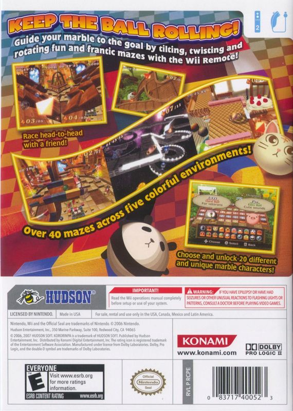 Kororinpa: Marble Mania | Wii | back cover | region=North America | source-country=Canada,Mexico,United States | zypher-v2 | moby-82e74bd91a59 | Data by MobyGames.com