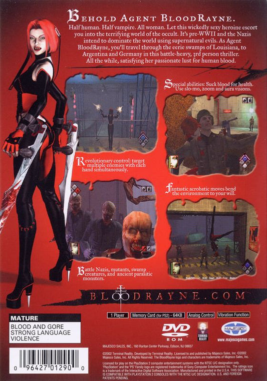 
BloodRayne | PlayStation 2 | back cover | Region: North America | source-country=Canada,United States | Data by MobyGames.com
