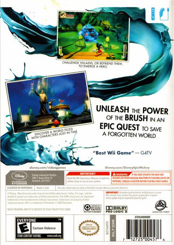 Disney Epic Mickey | Wii | back cover | region=North America | source-country=United States | zypher-v2 | moby-7b8960a9409a | Data by MobyGames.com