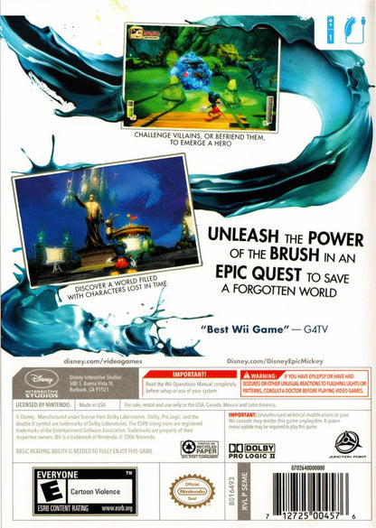 Disney Epic Mickey | Wii | back cover | region=North America | source-country=United States | zypher-v2 | moby-7b8960a9409a | Data by MobyGames.com