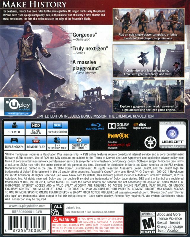 Assassin's Creed: Unity (Limited Edition) | PlayStation 4 | back cover | Region: North America | source-country=United States | Data by MobyGames.com