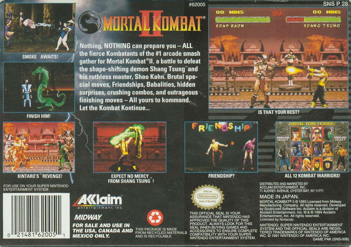 
Mortal Kombat II | SNES | back cover | Data by MobyGames.com