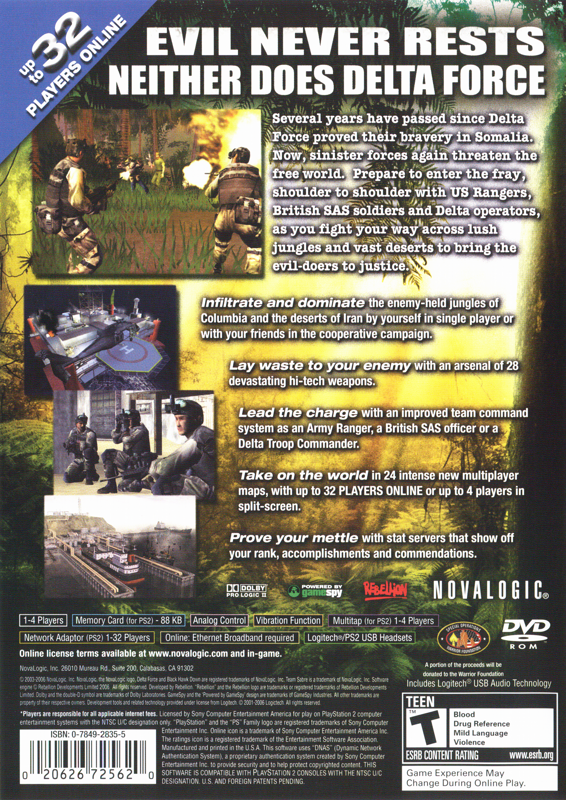 
Delta Force: Black Hawk Down - Team Sabre | PlayStation 2 | back cover | Data by MobyGames.com