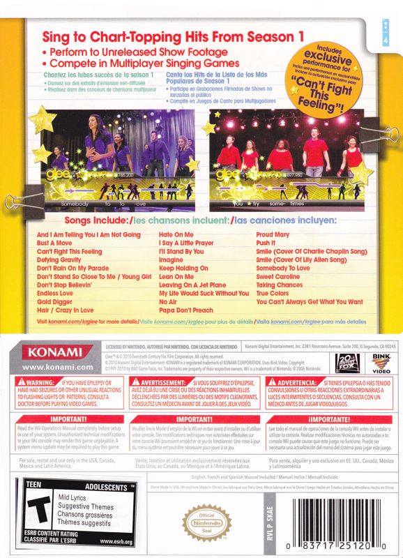 Karaoke Revolution: Glee | Wii | back cover | region=North America | source-country=Canada,Mexico,United States | zypher-v2 | moby-bf30d09391be | Data by MobyGames.com