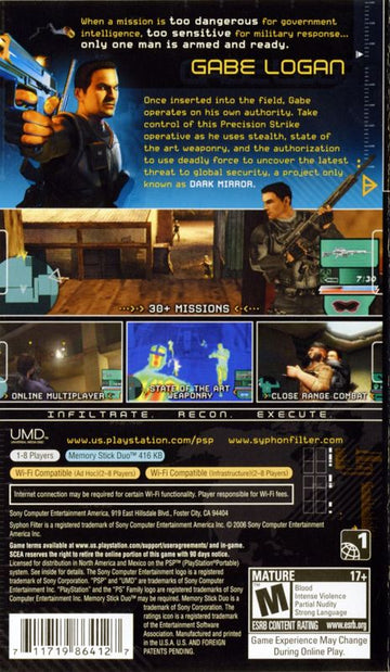 
Syphon Filter: Dark Mirror | PSP | back cover | Data by MobyGames.com