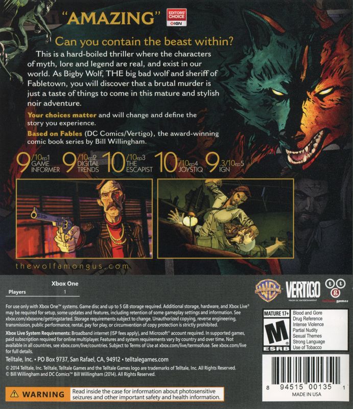 
The Wolf Among Us | Xbox One | back cover | Region: North America | source-country=United States | Data by MobyGames.com