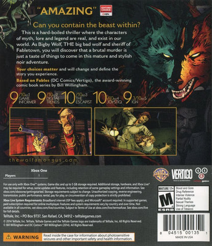 
The Wolf Among Us | Xbox One | back cover | Region: North America | source-country=United States | Data by MobyGames.com