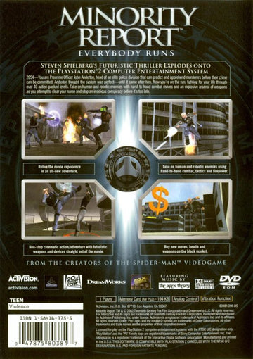 Minority Report: Everybody Runs | PlayStation 2 | back cover | region=North America | source-country=Canada,United States | zypher-v2 | moby-1bc60432d9bd | Data by MobyGames.com