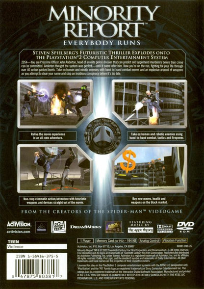 Minority Report: Everybody Runs | PlayStation 2 | back cover | region=North America | source-country=Canada,United States | zypher-v2 | moby-1bc60432d9bd | Data by MobyGames.com
