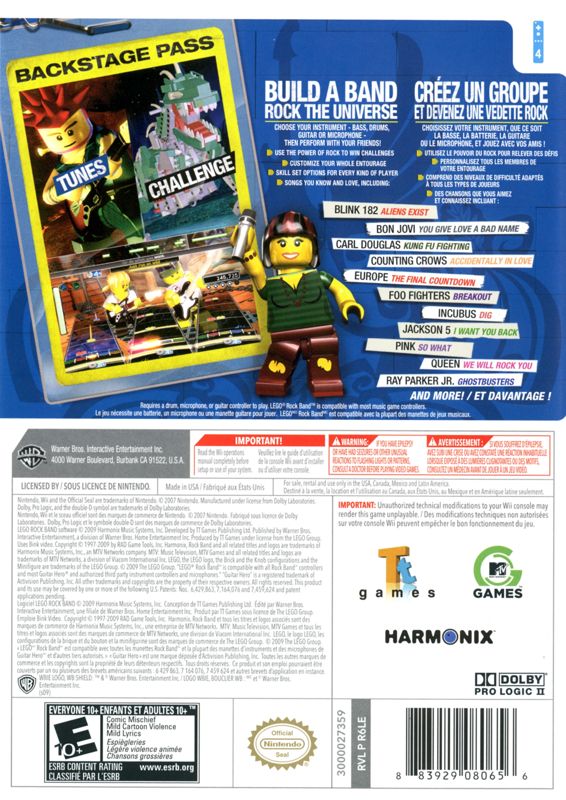 LEGO Rock Band | Wii | back cover | region=North America | source-country=Canada,Mexico,United States | zypher-v2 | moby-e59bf1664995 | Data by MobyGames.com