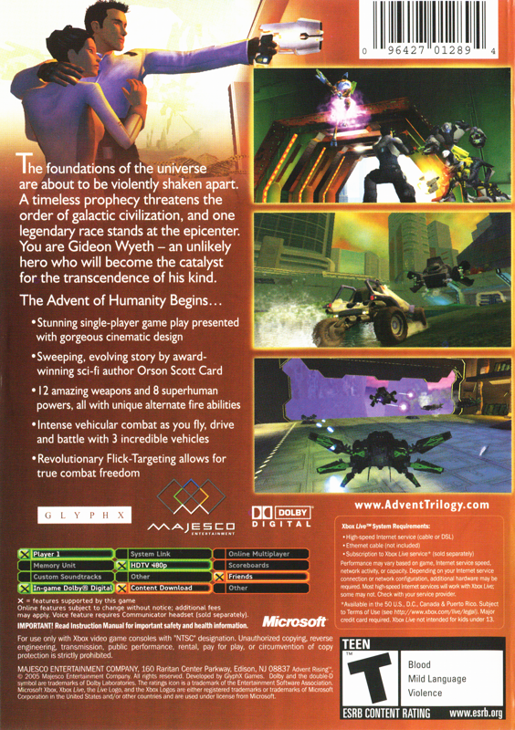 Advent Rising | Xbox | back cover | Data by MobyGames.com