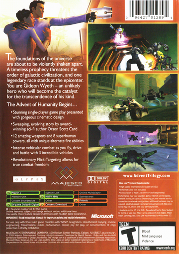 
Advent Rising | Xbox | back cover | Data by MobyGames.com