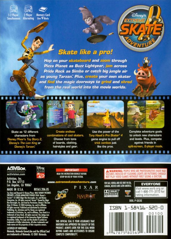 Disney's Extreme Skate Adventure | GameCube | back cover | Data by MobyGames.com