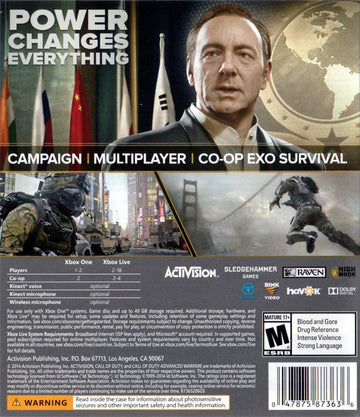 
Call of Duty: Advanced Warfare | Xbox One | back cover | Region: North America | source-country=United States | Data by MobyGames.com