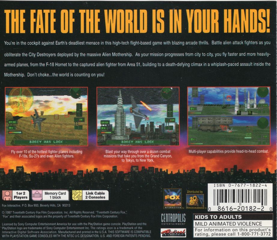 Independence Day | PlayStation | back cover | region=North America | source-country=United States | zypher-v2 | moby-d22713ca39ae | Data by MobyGames.com