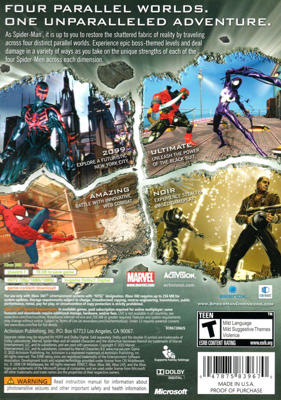 
Spider-Man: Shattered Dimensions | Xbox 360 | back cover | Region: North America | source-country=United States | Data by MobyGames.com