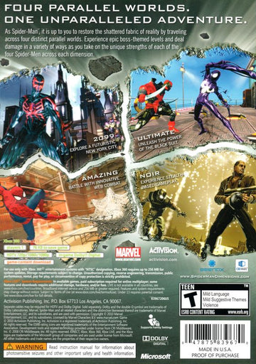 
Spider-Man: Shattered Dimensions | Xbox 360 | back cover | Region: North America | source-country=United States | Data by MobyGames.com